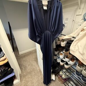 ANTHROPOLOGIE BHLDN Amelia Deep-v Satin Maxi Dress In Blue Midnight